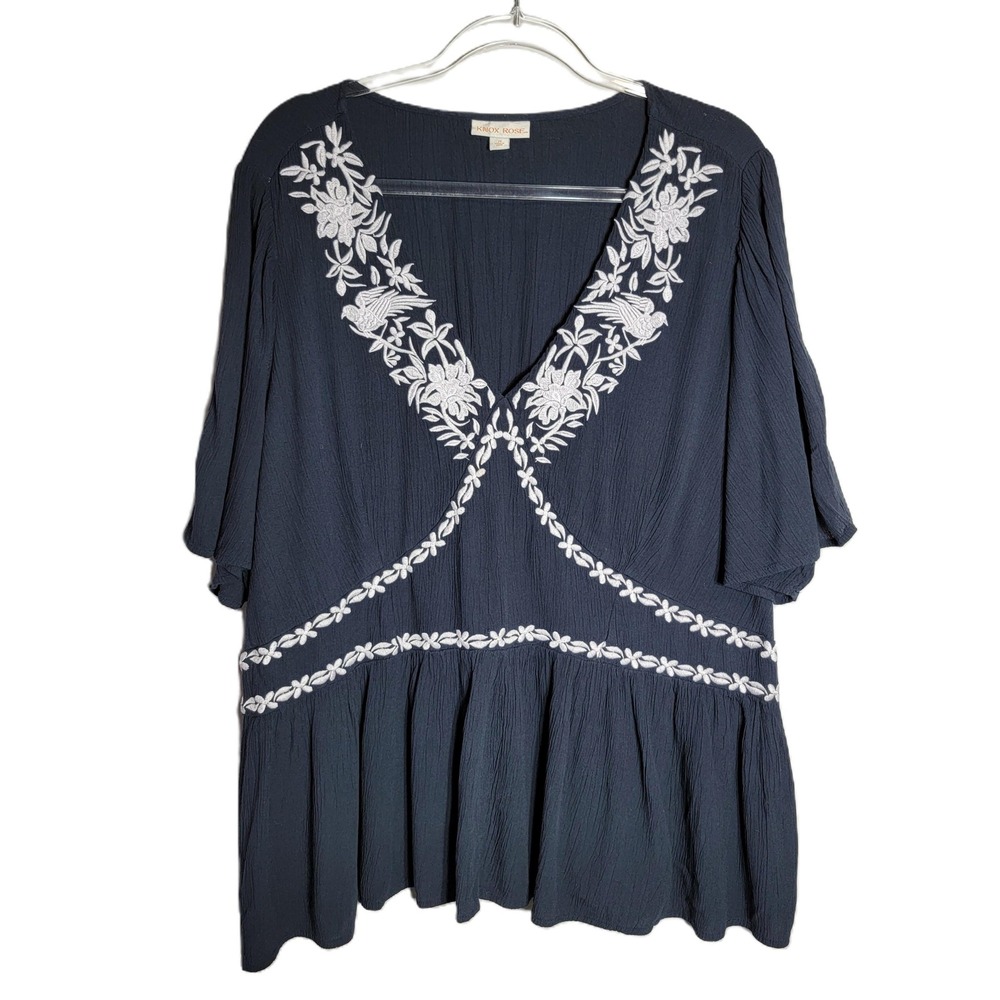 Knox Rose Women Plus Size 2X Navy Blue Embroidered Peplum Top Boho Peasant Gypsy